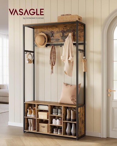 Cuier cu bancheta si pantofar, Vasagle, 100x32x180 cm, PAL/otel, maro rustic