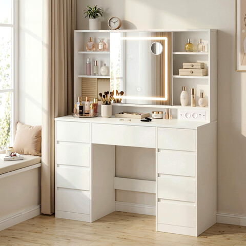 Masa de toaleta cu oglinda LED Kailyn, Vasagle, 110x40x141.5 cm, PAL/MDF, alb cloud