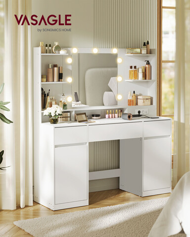 Masa de toaleta cu oglinda LED, prize si porturi USB, Kailyn, Vasagle, 107x40x144 cm, PAL/MDF, alb cloud