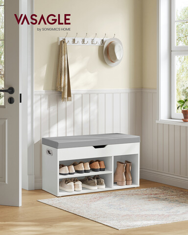 Bancheta cu spatiu de depozitare si pantofar, Vasagle, 80x30x44 cm, max 150 kg, PAL/poliuretan, alb cloud