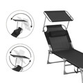Sezlong pliabil cu parasolar si tetiera, Songmics, max 150 kg, 193x53x29.5 cm, negru