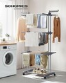 Uscator de rufe cu 4 niveluri si roti, Songmics, potrivit pentru interior si exterior, 126x64x172 cm, max 35 kg, otel, gri