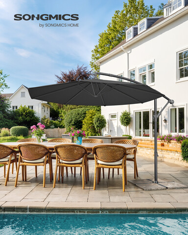 Umbrela pentru gradina cu picior lateral si iluminare LED solara, Songmics, 300 cm, protectie UV 50+, gri