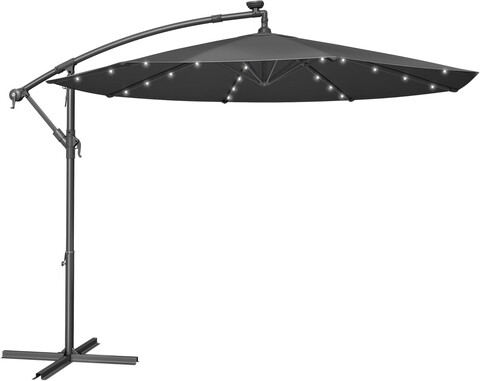 Umbrela pentru gradina cu picior lateral si iluminare LED solara, Songmics, 300 cm, protectie UV 50+, manivela pentru deschidere si inchidere, gri
