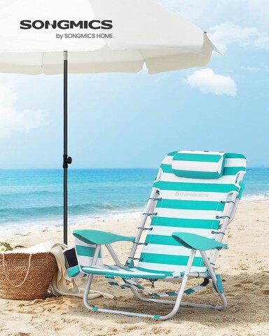 Scaun de plaja / camping, Songmics, se poate purta ca rucsac, spatar reglabil, max 150 kg, verde/alb