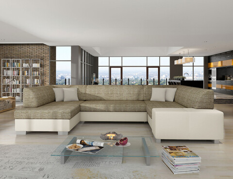 Coltar extensibil stanga 6 locuri ELTAP, Hv15, Havana, 322x204x72 cm, lemn/poliester, bej inchis/bej deschis