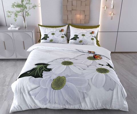 Lenjerie de pat pentru o persoana (FR), 2 piese, L'essentiel Maison, Daisy, Bumbac;Poliester, Alb/Verde