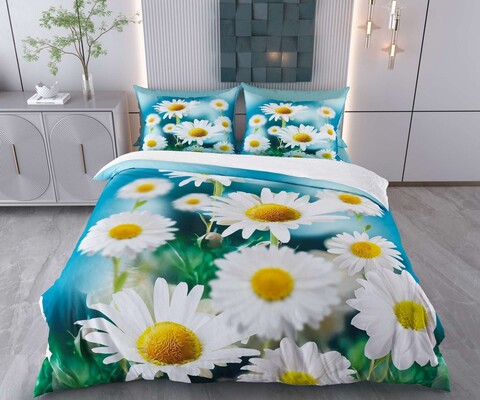 Lenjerie de pat pentru o persoana (FR), 2 piese, L'essentiel Maison, Daisy, Bumbac;Poliester, Albastru / Alb / Galben / Verde