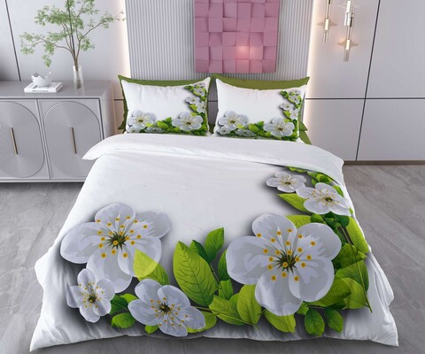 Lenjerie de pat pentru o persoana (DE), 2 piese, L'essentiel Maison, Plum Blossom, Bumbac;Poliester, Alb / Verde / Gri