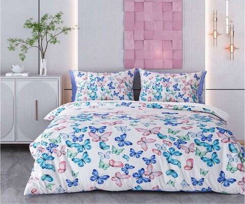 Lenjerie de pat pentru o persoana Single XXL (DE), 2 piese, L'essentiel Maison, Butterfly Valley, Bumbac;Poliester, Alb / Albastru închis / Verde / Albastru / Roșu