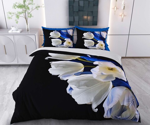 Lenjerie de pat pentru o persoana Single XXL (DE), 2 piese, L'essentiel Maison, Casper, Bumbac;Poliester, Negru / Alb / Albastru închis