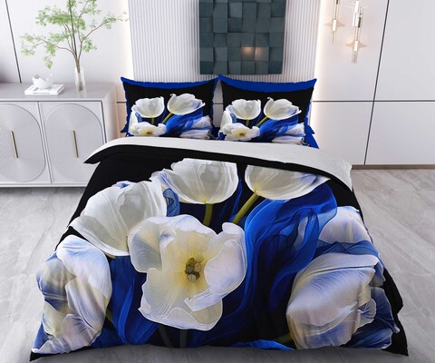 Lenjerie de pat pentru o persoana Single XXL (DE), 2 piese, L'essentiel Maison, Caspera, Bumbac;Poliester, Negru / Alb / Albastru închis