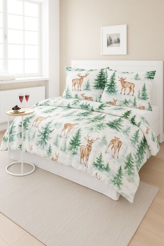 Lenjerie de pat pentru o persoana Single XXL (DE), 2 piese, L'essentiel Maison, Forest, Bumbac;Poliester, Alb / Verde / Maro