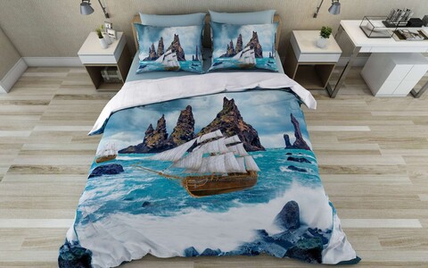 Lenjerie de pat pentru o persoana Single XXL (DE), 2 piese, L'essentiel Maison, Ocean, Bumbac;Poliester, Albastru / Alb / Albastru închis