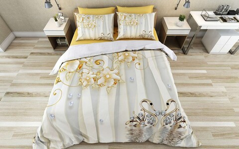 Lenjerie de pat pentru o persoana Single XXL (DE), 2 piese, L'essentiel Maison, Vanio, Bumbac;Poliester, Auriu / Alb / Gri