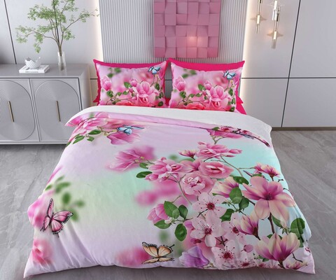 Lenjerie de pat dubla (DE), 3 piese, L'essentiel Maison, Begona, Bumbac;Poliester, Alb / Roz / Verde