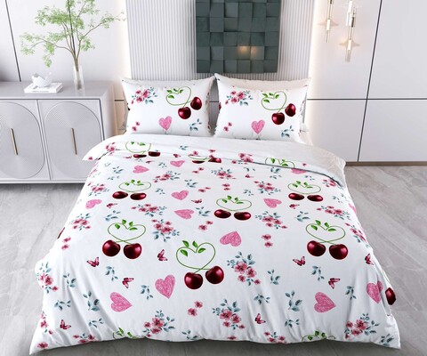 Lenjerie de pat dubla (DE), 3 piese, L'essentiel Maison, Cherry Hearts, Bumbac;Poliester, Alb / Roz / Roșu / Verde / Albastru