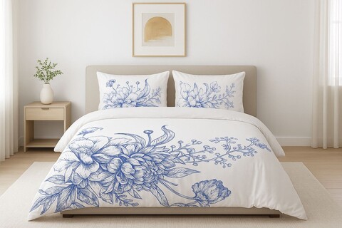 Lenjerie de pat dubla (DE), 3 piese, L'essentiel Maison, Luna, Bumbac;Poliester, Alb/Albastru
