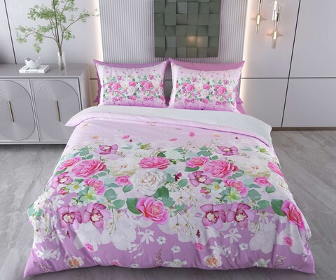 Lenjerie de pat dubla Super King (EU) (IT), 3 piese, L'essentiel Maison, Fleur, Bumbac;Poliester, Roz / Mov / Verde / Alb