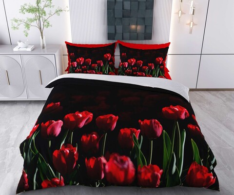 Lenjerie de pat dubla Super King (EU) (IT), 3 piese, L'essentiel Maison, Hasene, Bumbac;Poliester, Negru / Roșu / Verde