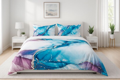 Lenjerie de pat dubla Super King (EU) (IT), 3 piese, L'essentiel Maison, Marble, Bumbac;Poliester, Indigo