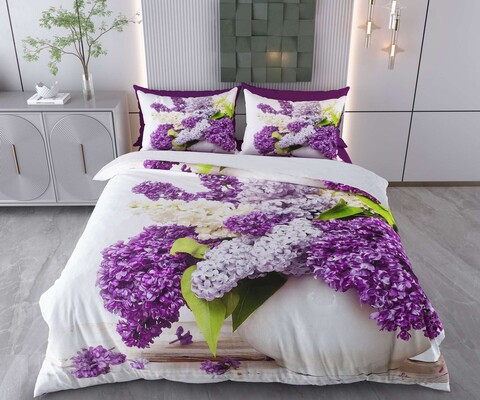 Lenjerie de pat dubla Super King (EU) (IT), 3 piese, L'essentiel Maison, Wildflowers, Bumbac;Poliester, Alb/Mov/Verde