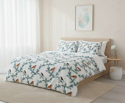 Lenjerie de pat dubla King (FR), 3 piese, L'essentiel Maison, Nalia, Bumbac;Poliester, Alb / Verde / Maro