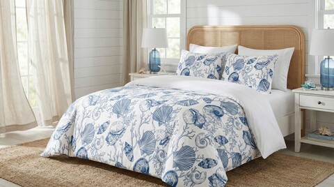 Lenjerie de pat dubla King (FR), 3 piese, L'essentiel Maison, Seashelly, Bumbac;Poliester, Albastru/Alb