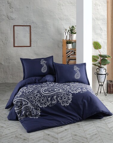 Lenjerie de pat pentru o persoana (FR), L'essentiel Maison, Nilla v1, Bumbac Ranforce, Albastru inchis