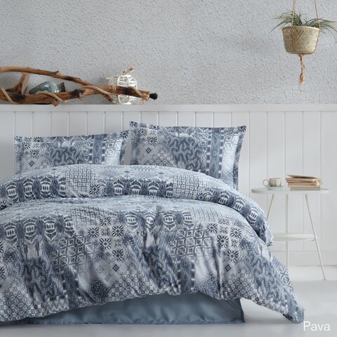 Lenjerie de pat dubla Super King (EU) (IT), L'essentiel Maison, Pava v1, Bumbac Ranforce, Albastru/Alb