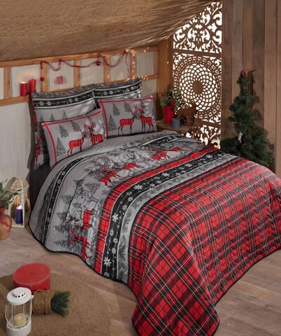 Set cuvertura Single 160x220 cm, 2 piese, L'essentiel Maison, Christmas, 65% bumbac/35% poliester, Roșu / Gri / Negru