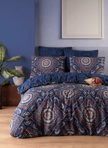 Lenjerie de pat pentru o persoana Single XXL (DE), 2 piese, L'essentiel Maison, Varak, 65% bumbac/35% poliester, Albastru inchis