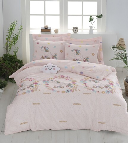 Lenjerie de pat dubla (DE), 3 piese, L'essentiel Maison, Unicornlar, 65% bumbac/35% poliester, Roz / Bej