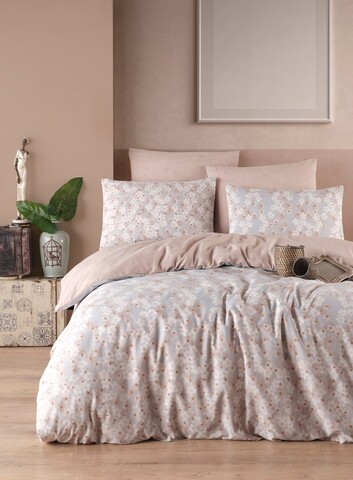 Lenjerie de pat dubla King (FR), 3 piese, L'essentiel Maison, Piti Yaprak, 65% bumbac/35% poliester, Roz prafuit