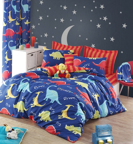 Lenjerie de pat dubla Super King (EU) (IT), 3 piese, L'essentiel Maison, Dinazorus, 65% bumbac/35% poliester, Albastru / Roșu / Galben