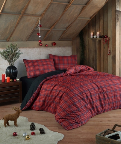 Lenjerie de pat dubla Super King (FR), 3 piese, L'essentiel Maison, Iskoç, 65% bumbac/35% poliester, Rosu