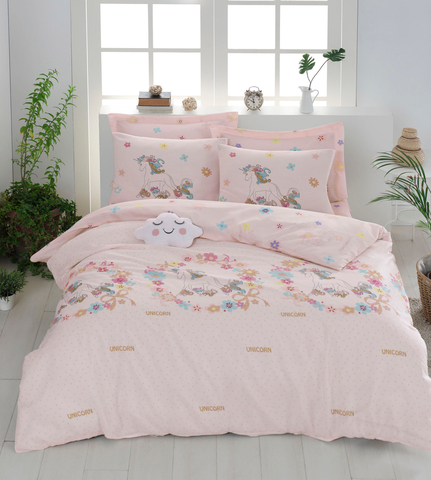 Lenjerie de pat dubla Super King (FR), 3 piese, L'essentiel Maison, Unicornlar, 65% bumbac/35% poliester, Roz / Bej