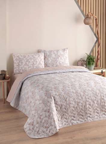 Set cuvertura matlasata dubla King (FR), 3 piese, L'essentiel Maison, Piti Yaprak, 65% bumbac/35% poliester, Roz prafuit