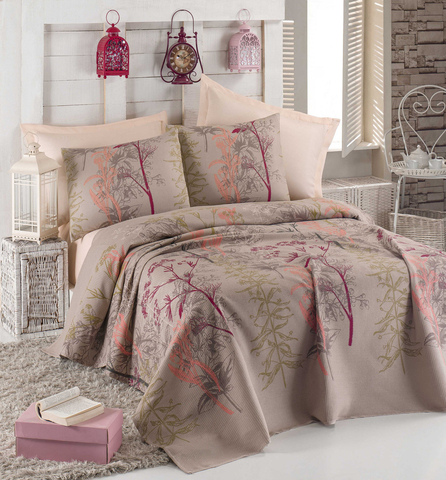 Set cuvertura pique dubla 3 piese, L'essentiel Maison, Urla, Bumbac, Beige / Red / Salmon / Green