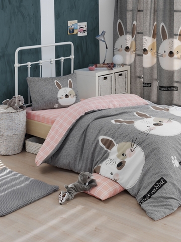 Lenjerie de pat pentru o persoana Single XXL (DE), 2 piese, L'essentiel Maison, Tavşancık, 65% bumbac/35% poliester, Gri / Maro / Alb / Roz