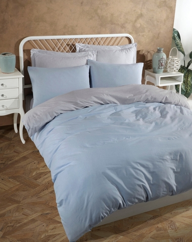 Lenjerie de pat dubla (DE), 3 piese, L'essentiel Maison, Solid, 65% bumbac/35% poliester, Albastru deschis / Gri