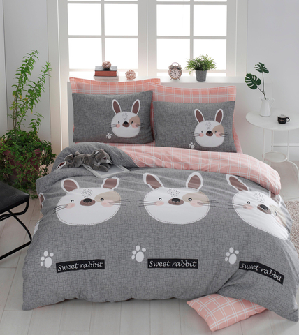 Lenjerie de pat dubla Super King (FR), 3 piese, L'essentiel Maison, Tavşancık, 65% bumbac/35% poliester, Gri / Maro / Alb / Roz