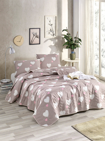 Set cuvertura matlasata dubla King (FR), 3 piese, L'essentiel Maison, Herz, 65% bumbac/35% poliester, Trandafir praf / Alb