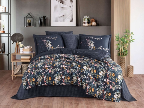 Lenjerie de pat dubla Exclusive Satin 6 piese, L'essentiel Maison, Alessia, Albastru închis / Portocaliu / Roz / Crem / Verde