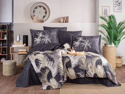 Lenjerie de pat dubla Exclusive Satin 6 piese, L'essentiel Maison, Angelina, Antracit / Bej / Crem