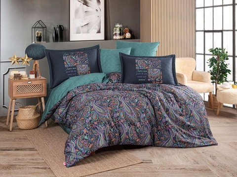 Lenjerie de pat dubla Exclusive Satin 6 piese, L'essentiel Maison, Clementina, Verde / Mov / Portocaliu / Albastru închis