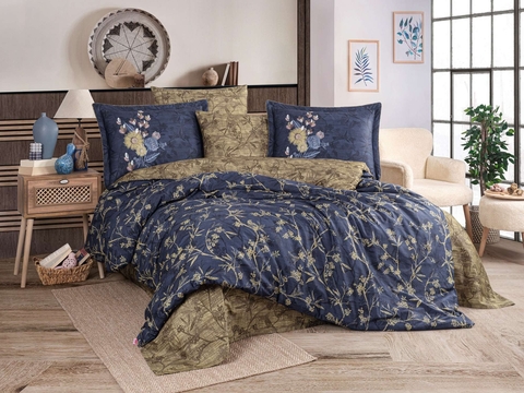 Lenjerie de pat dubla Exclusive Satin 6 piese, L'essentiel Maison, Jessica, Albastru închis / Kaki