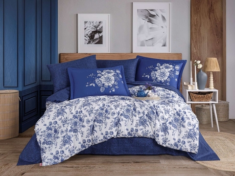 Lenjerie de pat dubla Exclusive Satin 6 piese, L'essentiel Maison, Sancha, Albastru inchis/Alb