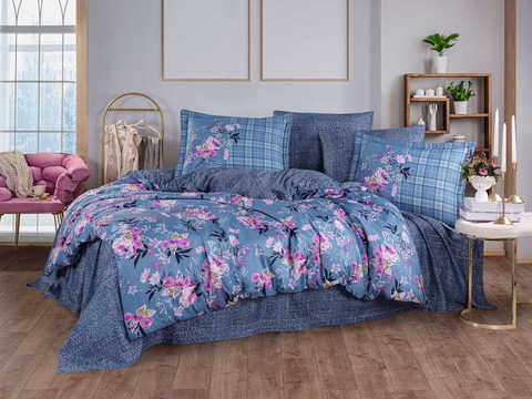 Lenjerie de pat dubla Exclusive Satin 6 piese, L'essentiel Maison, Victoria, Albastru/Roz