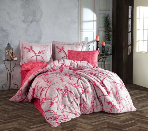 Set de huse de pilotă duble din satin Tencel, L'essentiel Maison, Jasmin, Roz / Roșu / Gri